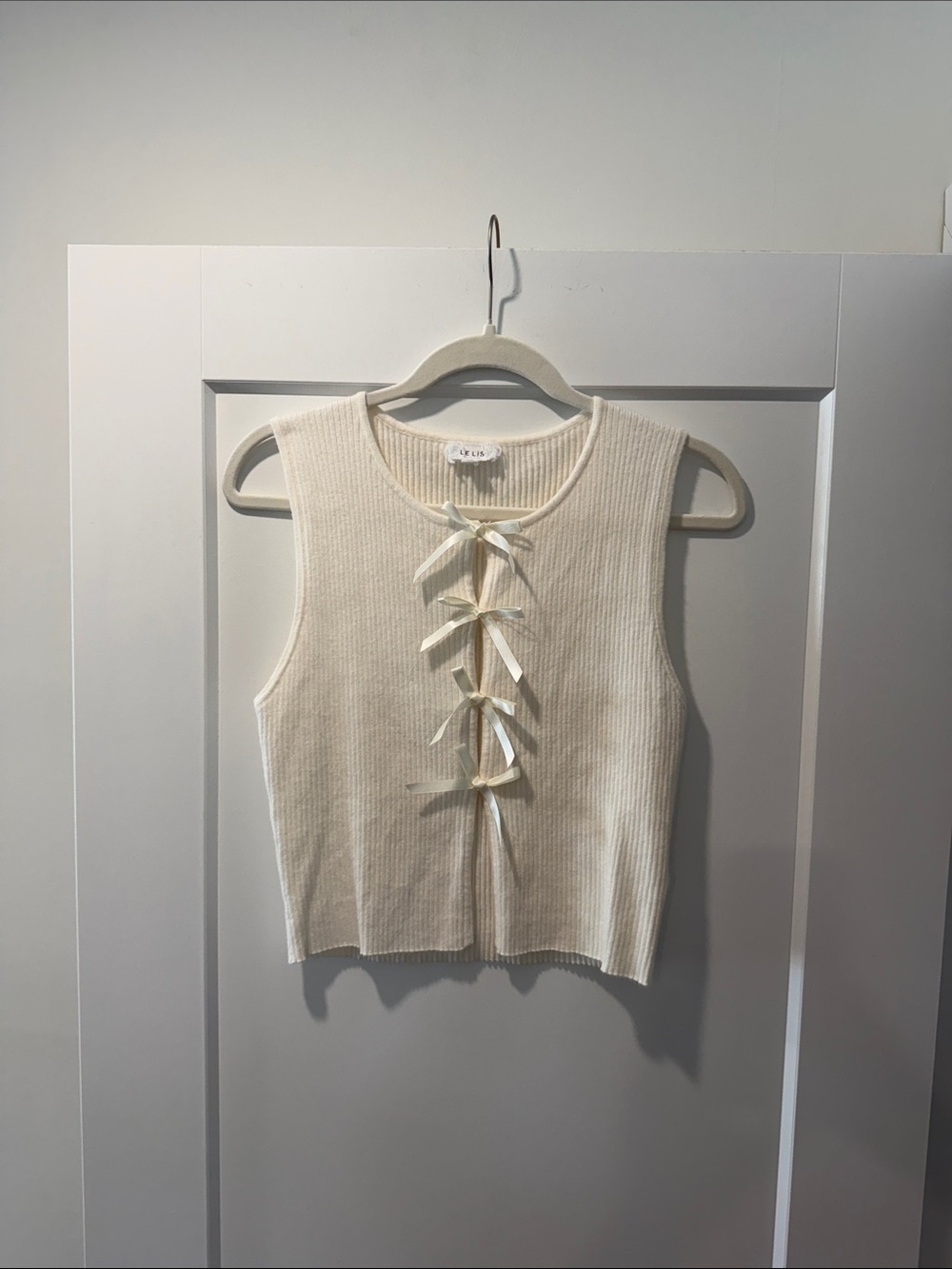 Cream Rib Knit Top with Front Ribbon Ties